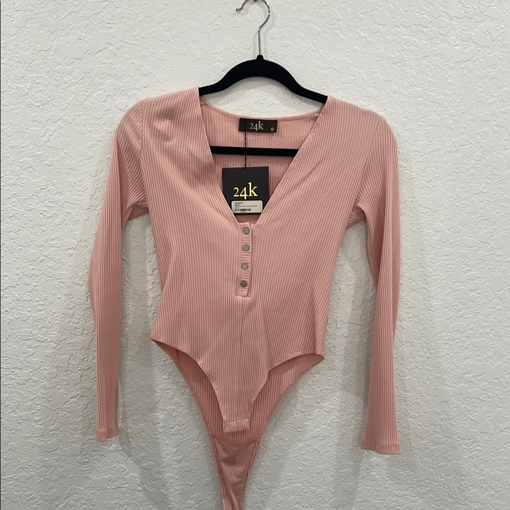 24k Pink Ribbed Long Sleeve Bodysuit NWT
